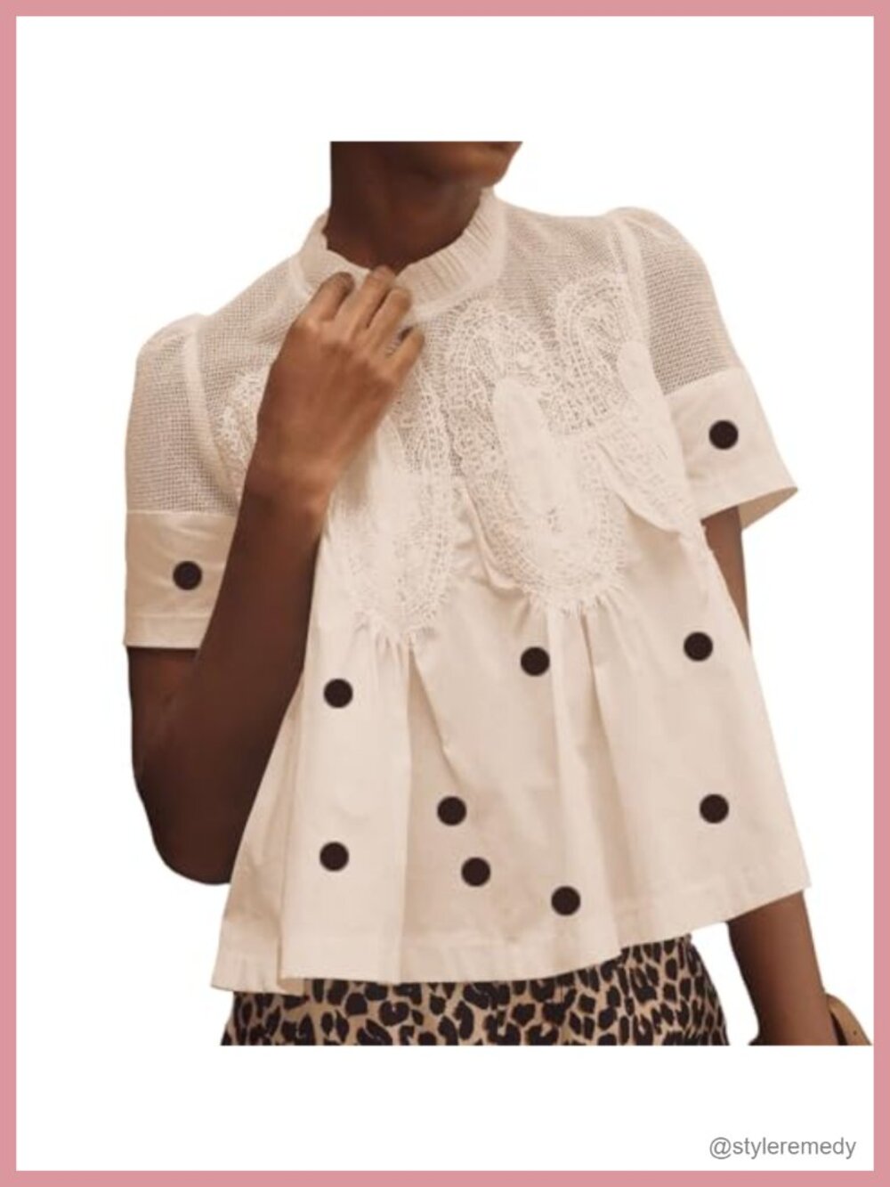Lace Flared Short Sleeve Blouse Ruffle Mesh Crew Neck Swing Babydoll Top